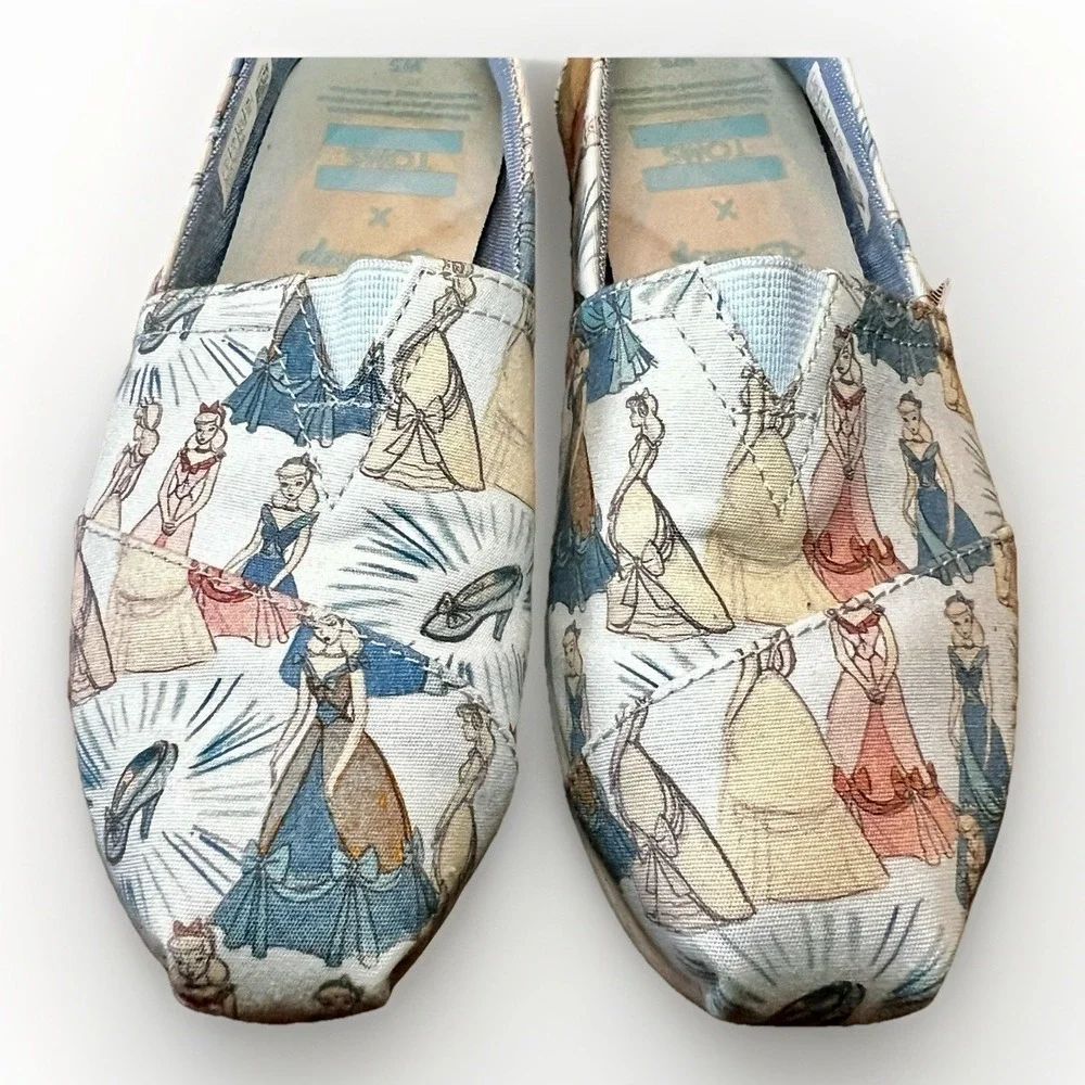 Disney X TOMS Girls Blue Cinderella Printed‎ Canvas Flats 5 LIMITED EDITION